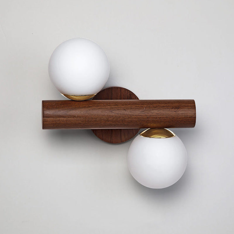 Contemporary Scandinavian Metal Rubberwood Glass Cylinder Globe 2-Light Wall Sconce Lamp For Bedroom & Living Room