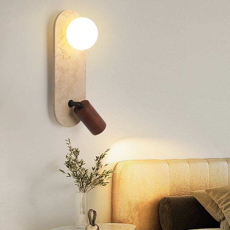 Contemporary Creative Travertine Solid Wood Glass Square Oval Globe 2-Light Wall Sconce Lamp For Bedroom & Living Room