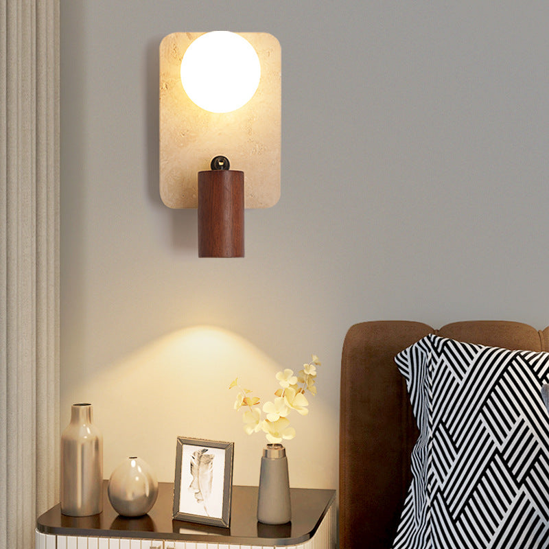 Contemporary Creative Travertine Solid Wood Glass Square Oval Globe 2-Light Wall Sconce Lamp For Bedroom & Living Room