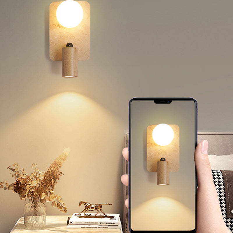 Contemporary Creative Travertine Solid Wood Glass Square Oval Globe 2-Light Wall Sconce Lamp For Bedroom & Living Room