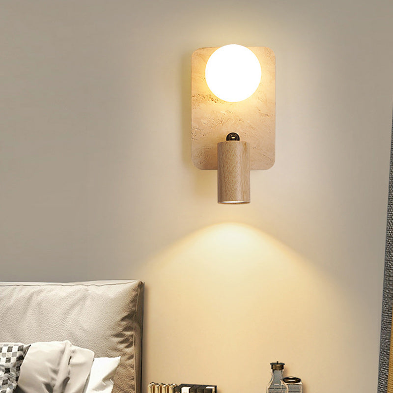 Contemporary Creative Travertine Solid Wood Glass Square Oval Globe 2-Light Wall Sconce Lamp For Bedroom & Living Room