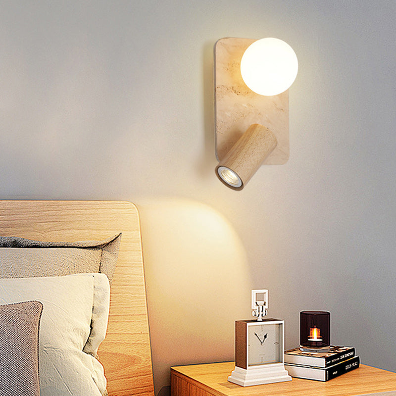 Contemporary Creative Travertine Solid Wood Glass Square Oval Globe 2-Light Wall Sconce Lamp For Bedroom & Living Room