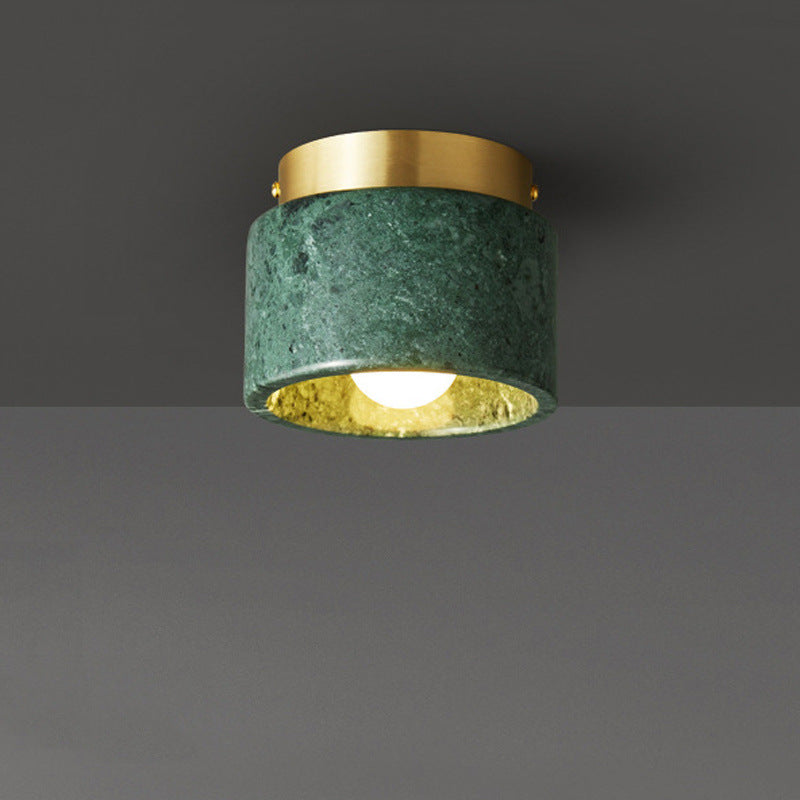 Contemporary Scandinavian Marble Metal Round Cylinder 1-Light Semi-Flush Mount Ceiling Light For Living Room