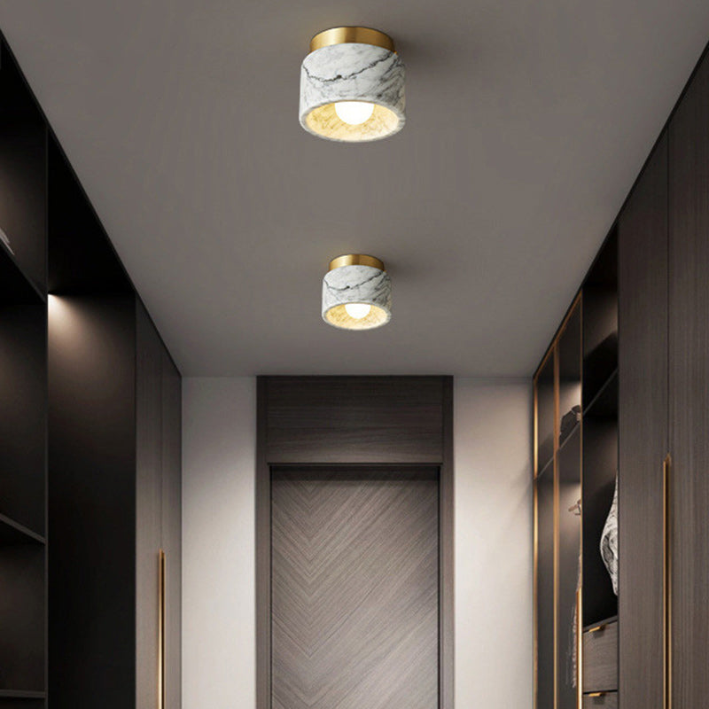 Contemporary Scandinavian Marble Metal Round Cylinder 1-Light Semi-Flush Mount Ceiling Light For Living Room