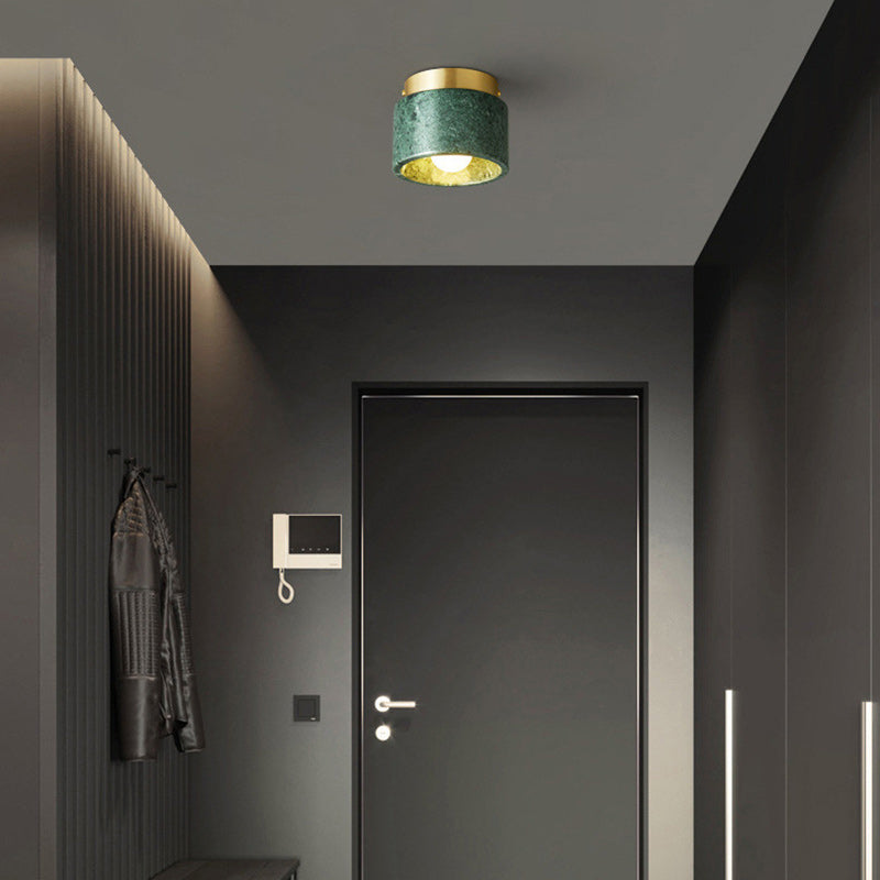 Contemporary Scandinavian Marble Metal Round Cylinder 1-Light Semi-Flush Mount Ceiling Light For Living Room