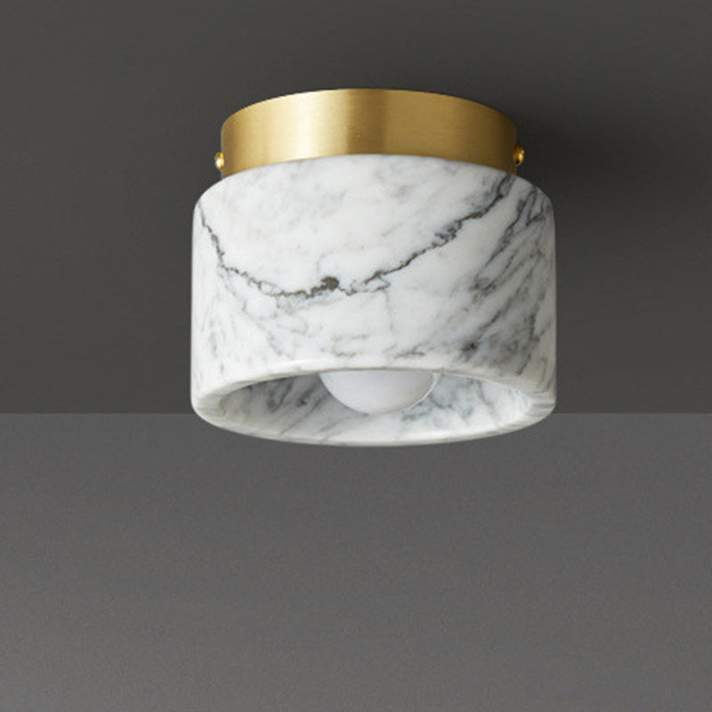 Contemporary Scandinavian Marble Metal Round Cylinder 1-Light Semi-Flush Mount Ceiling Light For Living Room