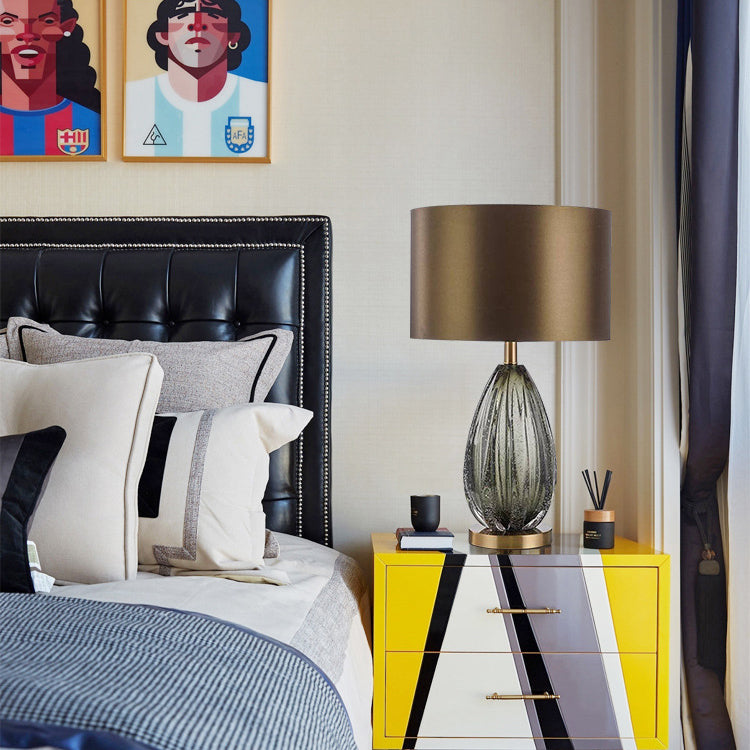 Contemporary Scandinavian Fabric Metal Crystal Oval Round 1-Light Table Lamp For Bedroom