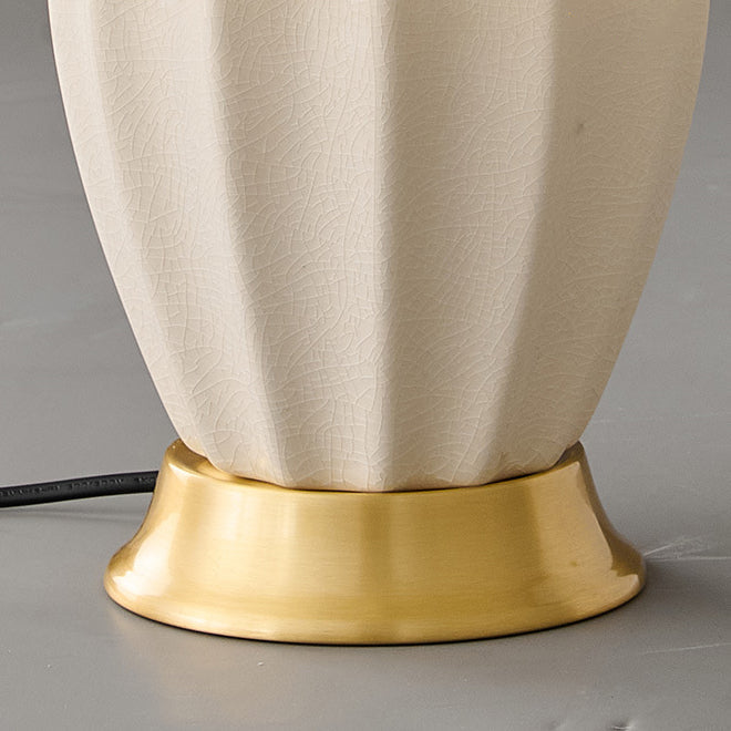 Traditional Chinese Fabric Ceramic Copper Pleated-Fan Round 1-Light Table Lamp For Bedroom & Living Room