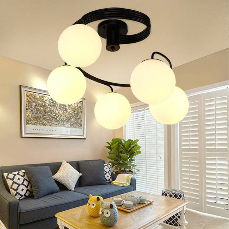 Contemporary Creative Glass Iron Curved-Round Globe 3/5-Light Semi-Flush Mount Ceiling Light For Bedroom & Living Room