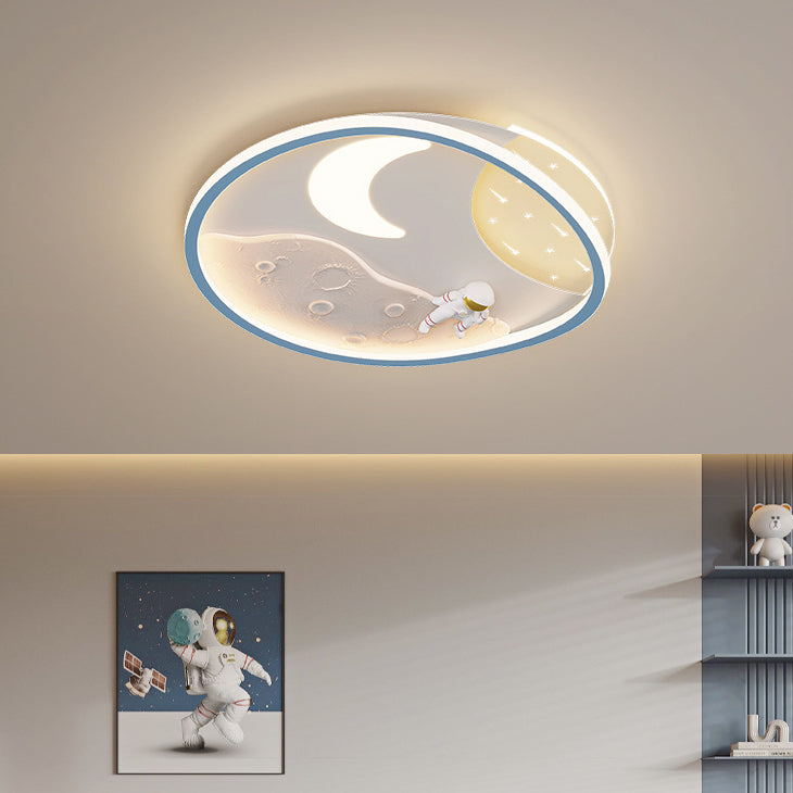 Modern Art Deco Acrylic Resin Iron Planet Astronaut Round LED Flush Mount Ceiling Light For Bedroom & Living Room
