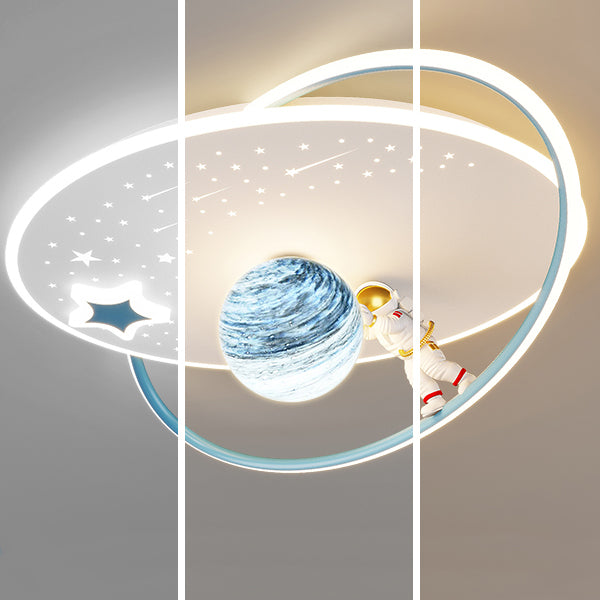 Modern Art Deco Kids Glass Acrylic Iron Astronaut Planet LED Flush Mount Ceiling Light For Bedroom & Living Room
