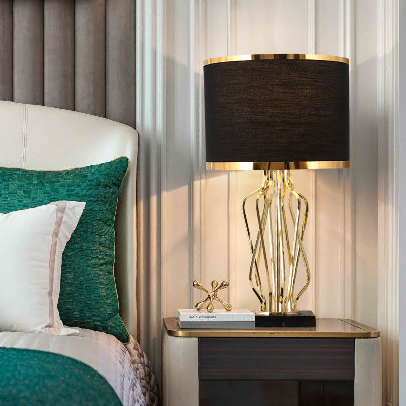 Contemporary Creative Fabric Metal Marble Curved Round 1-Light Table Lamp For Bedroom