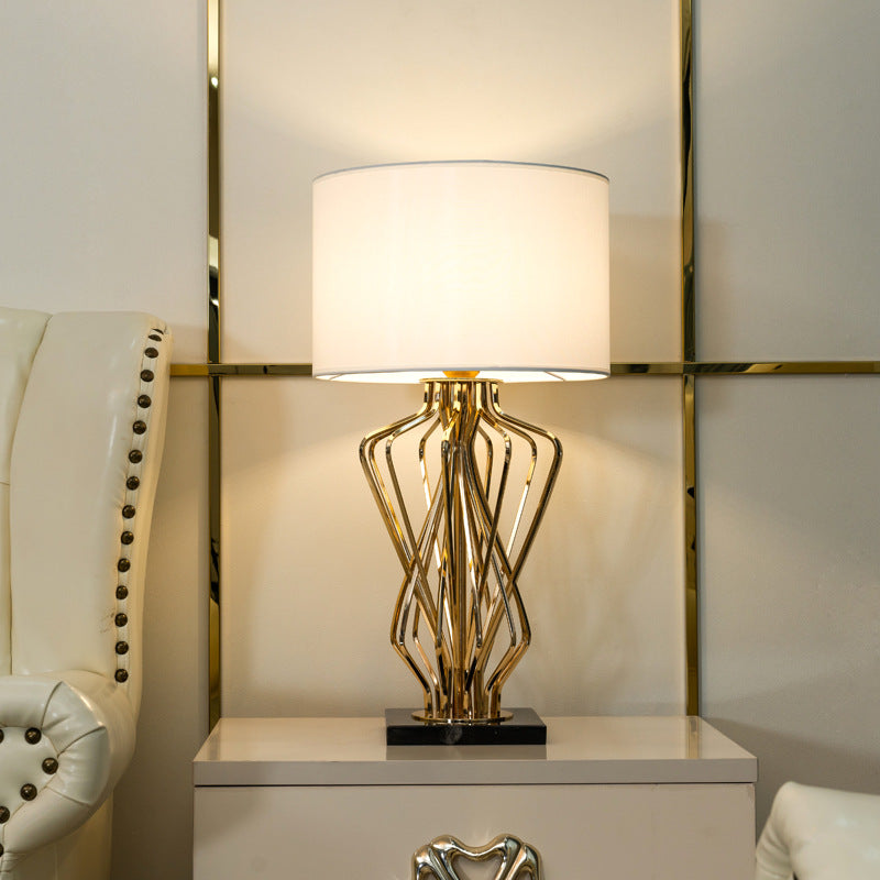 Contemporary Creative Fabric Metal Marble Curved Round 1-Light Table Lamp For Bedroom