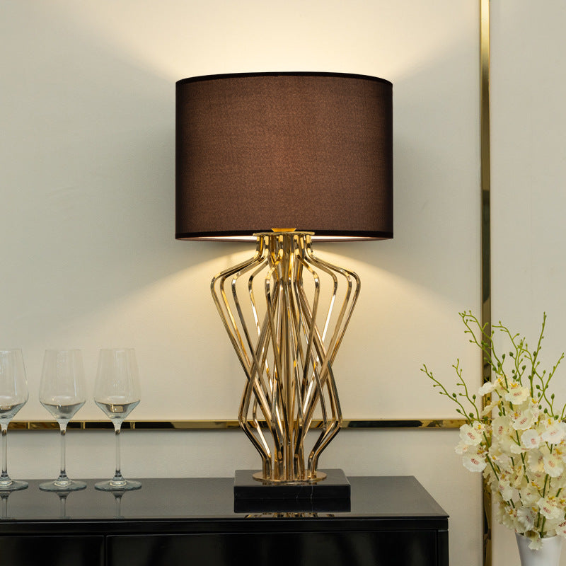 Contemporary Creative Fabric Metal Marble Curved Round 1-Light Table Lamp For Bedroom