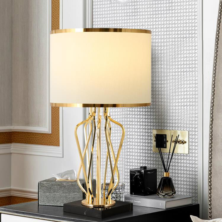 Contemporary Creative Fabric Metal Marble Curved Round 1-Light Table Lamp For Bedroom