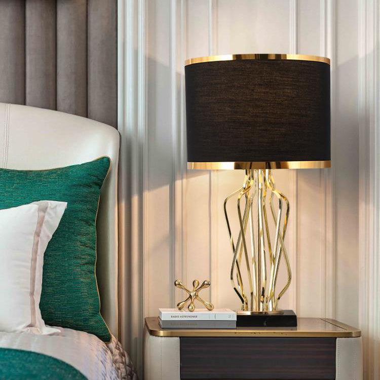 Contemporary Creative Fabric Metal Marble Curved Round 1-Light Table Lamp For Bedroom