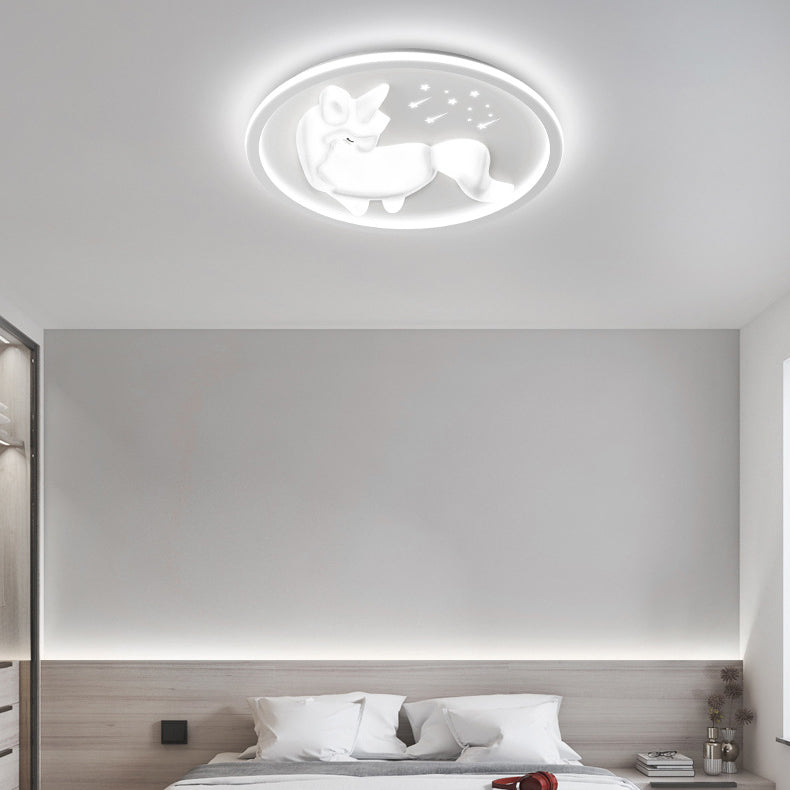 Modern Art Deco Iron PE Unicorn Shape Round LED Flush Mount Ceiling Light For Bedroom & Living Room