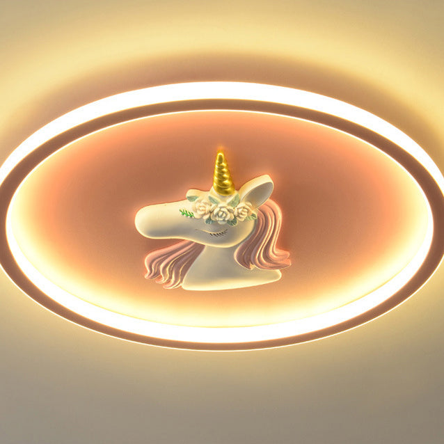 Modern Art Deco Kids Acrylic Iron Unicorn Round LED Flush Mount Ceiling Light For Bedroom & Living Room