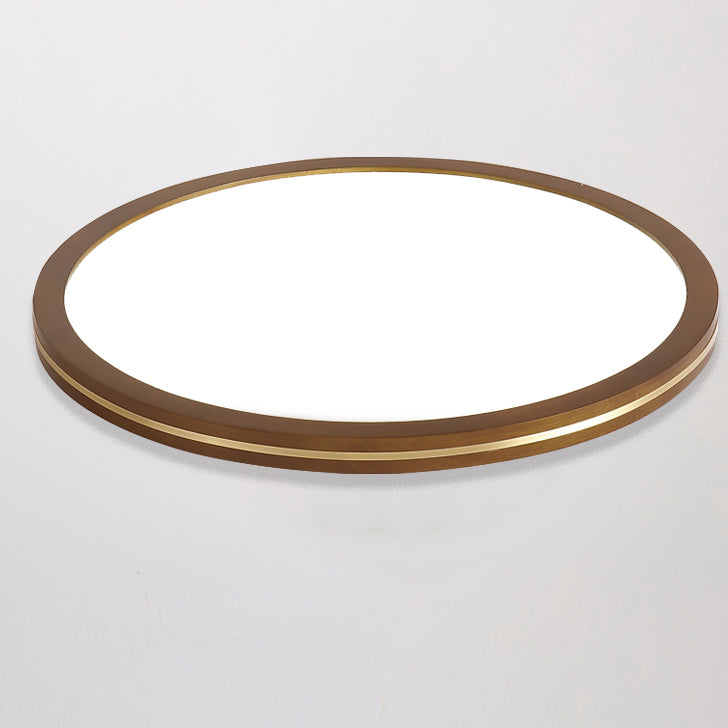 Traditional Chinese Rubber Wood Acrylic Copper Round LED Flush Mount Ceiling Light For Living Room