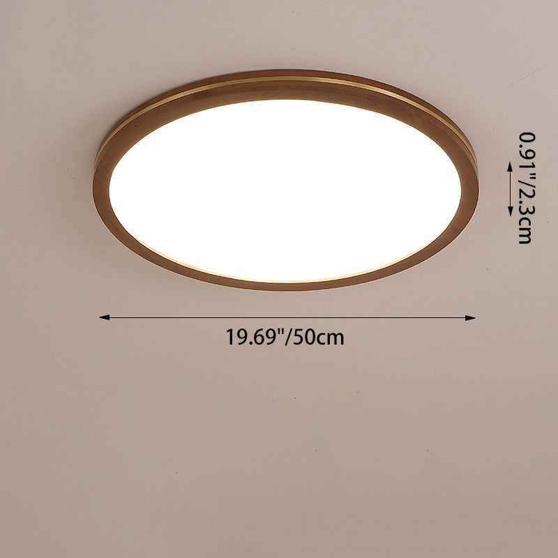 Traditional Chinese Rubber Wood Acrylic Copper Round LED Flush Mount Ceiling Light For Living Room