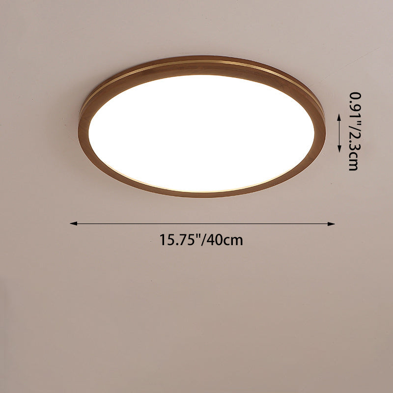 Traditional Chinese Rubber Wood Acrylic Copper Round LED Flush Mount Ceiling Light For Living Room