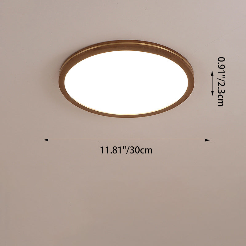 Traditional Chinese Rubber Wood Acrylic Copper Round LED Flush Mount Ceiling Light For Living Room