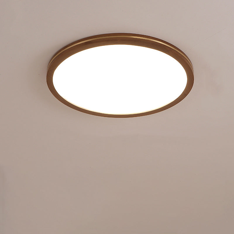 Traditional Chinese Rubber Wood Acrylic Copper Round LED Flush Mount Ceiling Light For Living Room