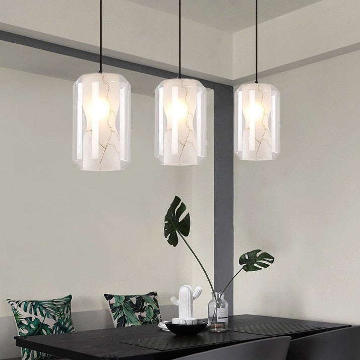 Contemporary Scandinavian Glass Faux Alabaster Iron Round Cylinder 1/3-Light Chandelier For Bedroom & Living Room