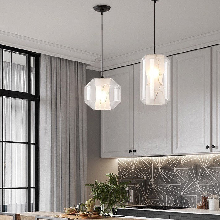 Contemporary Scandinavian Glass Faux Alabaster Iron Round Cylinder 1/3-Light Chandelier For Bedroom & Living Room