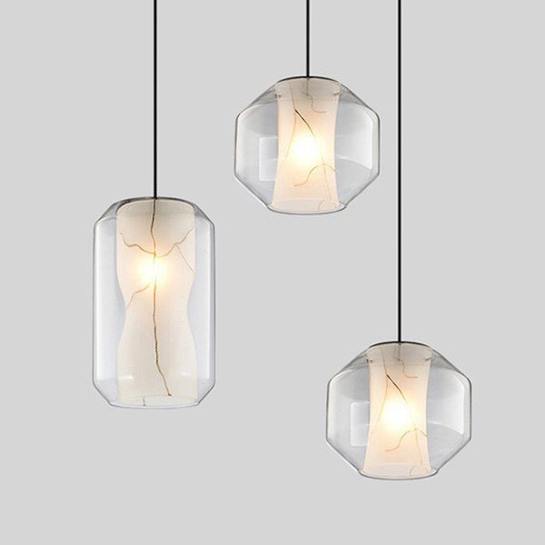 Contemporary Scandinavian Glass Faux Alabaster Iron Round Cylinder 1/3-Light Chandelier For Bedroom & Living Room
