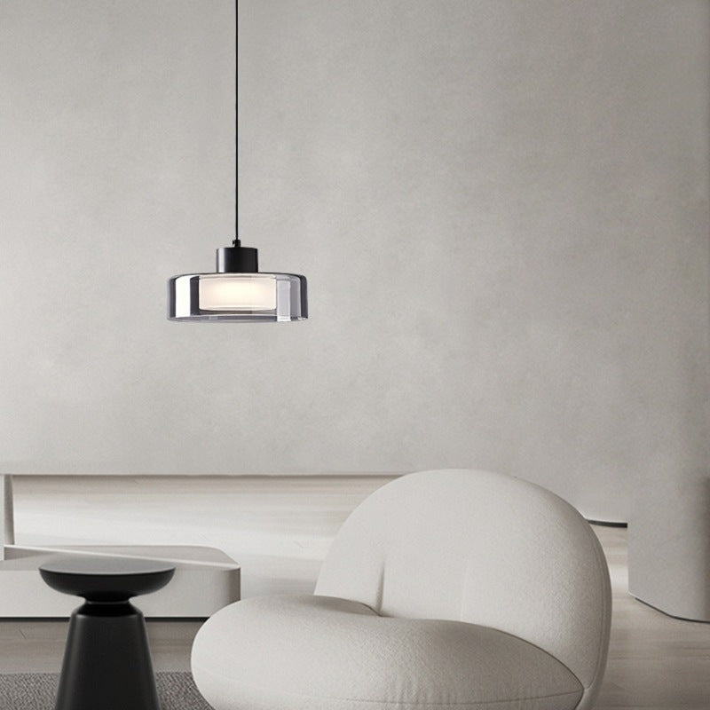 Modern Minimalist Brass Acrylic Glass Round Cylinder LED Pendant Light For Bedroom & Living Room