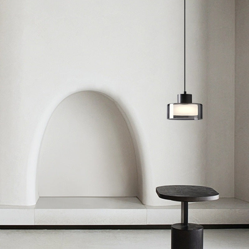 Modern Minimalist Brass Acrylic Glass Round Cylinder LED Pendant Light For Bedroom & Living Room