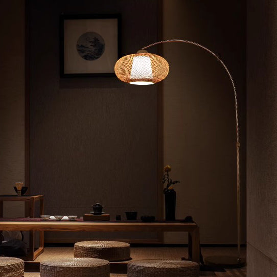 Traditional Chinese Marble Bamboo Stainless Steel Curved Oval 1-Light Standing Floor Lamp For Living Room