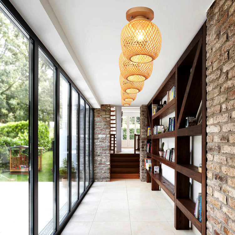 Traditional Chinese Bamboo Wood Globe 1-Light Semi-Flush Mount Ceiling Light For Living Room