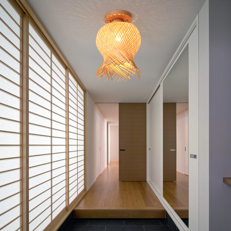 Traditional Chinese Bamboo Wood Globe 1-Light Semi-Flush Mount Ceiling Light For Living Room