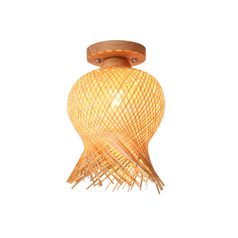 Traditional Chinese Bamboo Wood Globe 1-Light Semi-Flush Mount Ceiling Light For Living Room