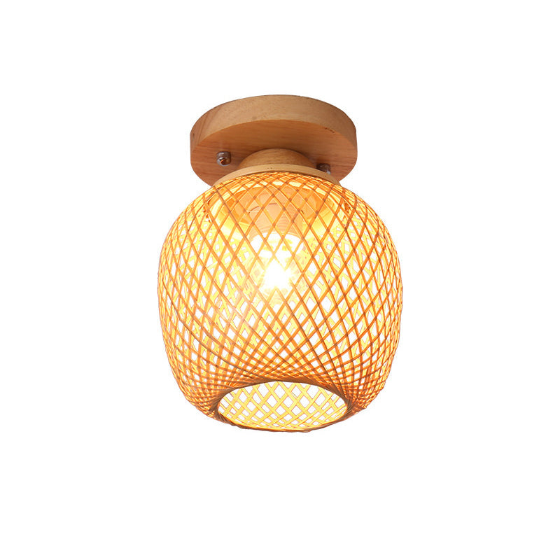Traditional Chinese Bamboo Wood Globe 1-Light Semi-Flush Mount Ceiling Light For Living Room