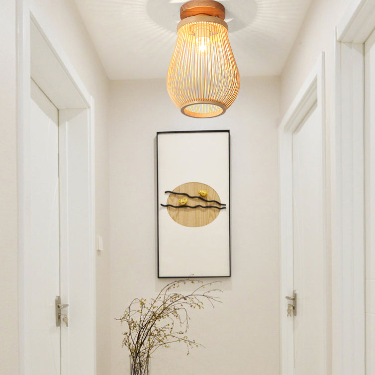Traditional Chinese Bamboo Wood Globe 1-Light Semi-Flush Mount Ceiling Light For Living Room