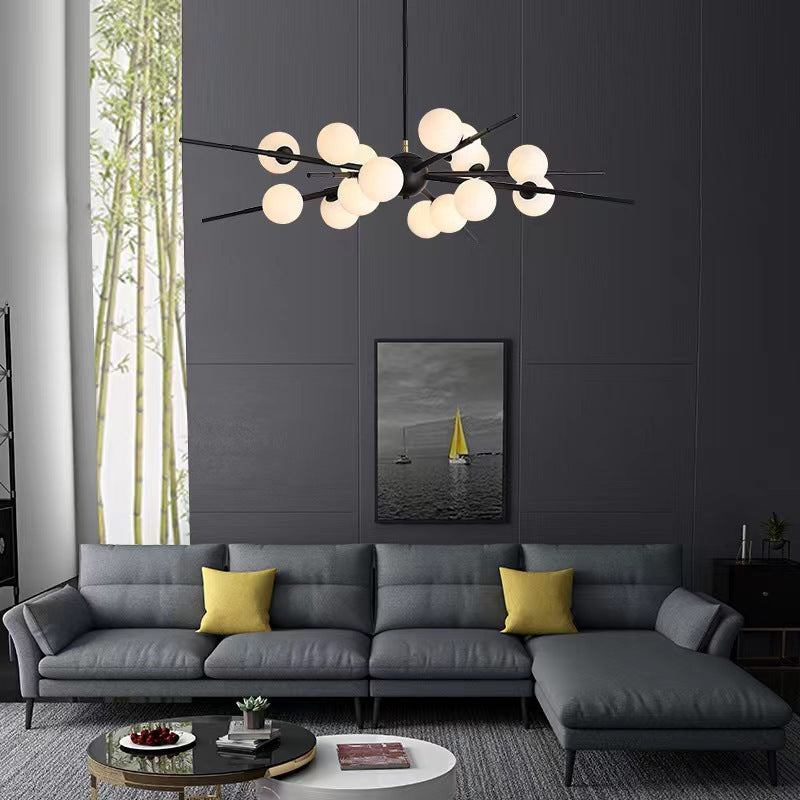 Contemporary Scandinavian Glass Metal Branch Globe Shape 12/16-Light Chandelier For Living Room