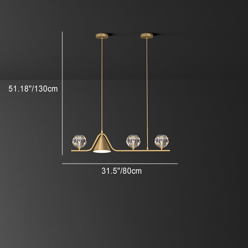 Contemporary Scandinavian Crystal Brass Conical Linear LED Chandelier Island Light For Dining Room