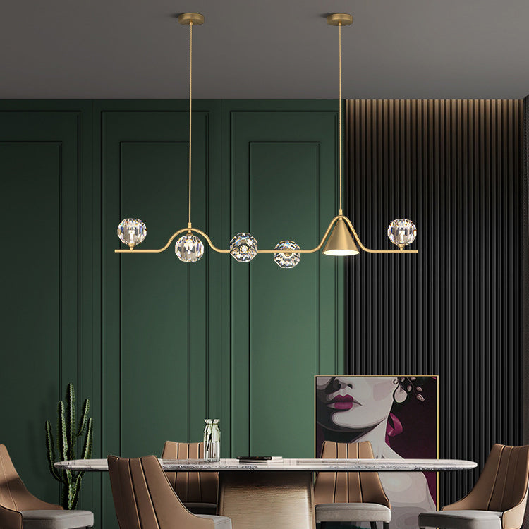 Contemporary Scandinavian Crystal Brass Conical Linear LED Chandelier Island Light For Dining Room