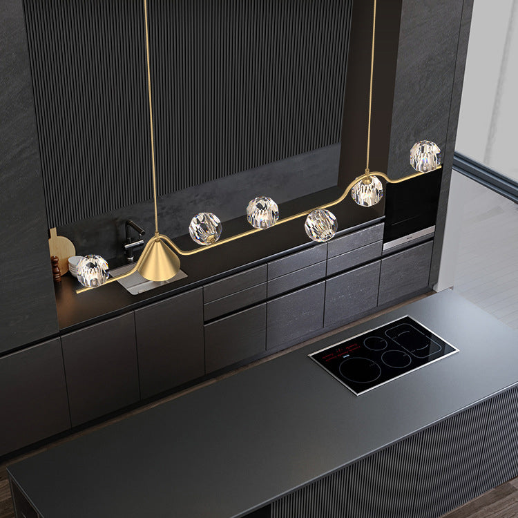 Contemporary Scandinavian Crystal Brass Conical Linear LED Chandelier Island Light For Dining Room