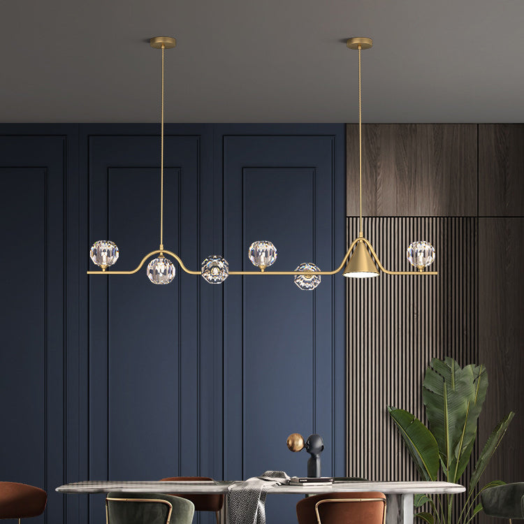 Contemporary Scandinavian Crystal Brass Conical Linear LED Chandelier Island Light For Dining Room