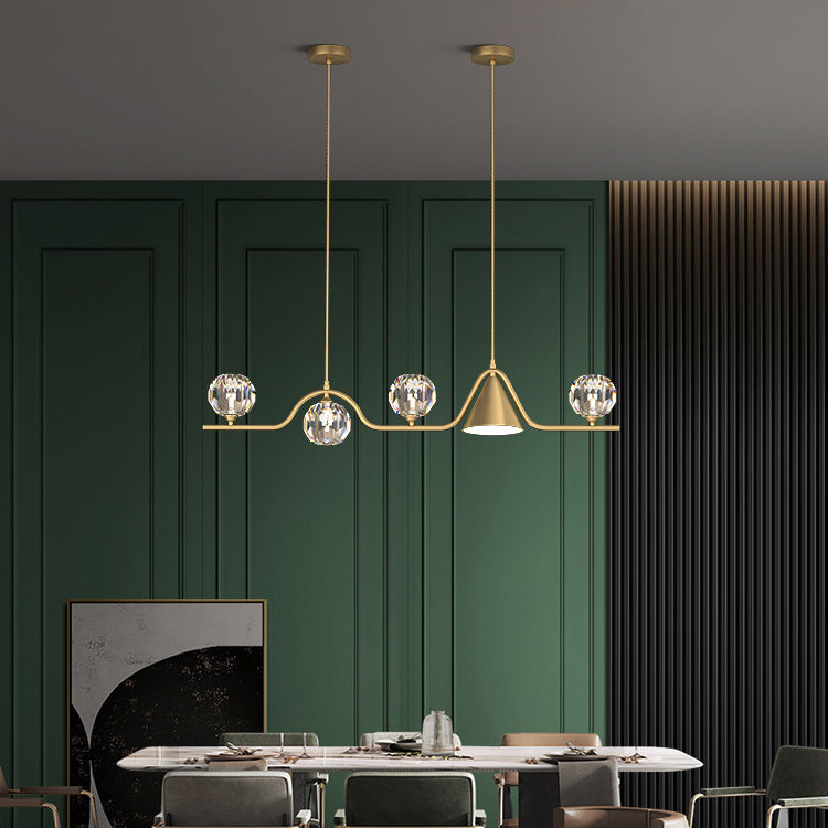 Contemporary Scandinavian Crystal Brass Conical Linear LED Chandelier Island Light For Dining Room