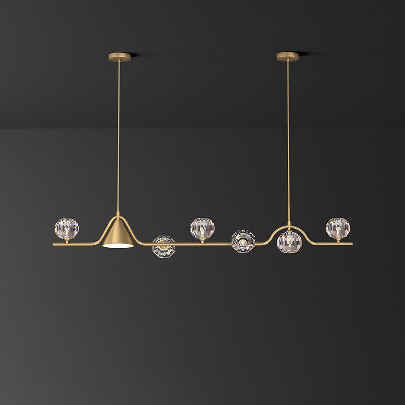 Contemporary Scandinavian Crystal Brass Conical Linear LED Chandelier Island Light For Dining Room