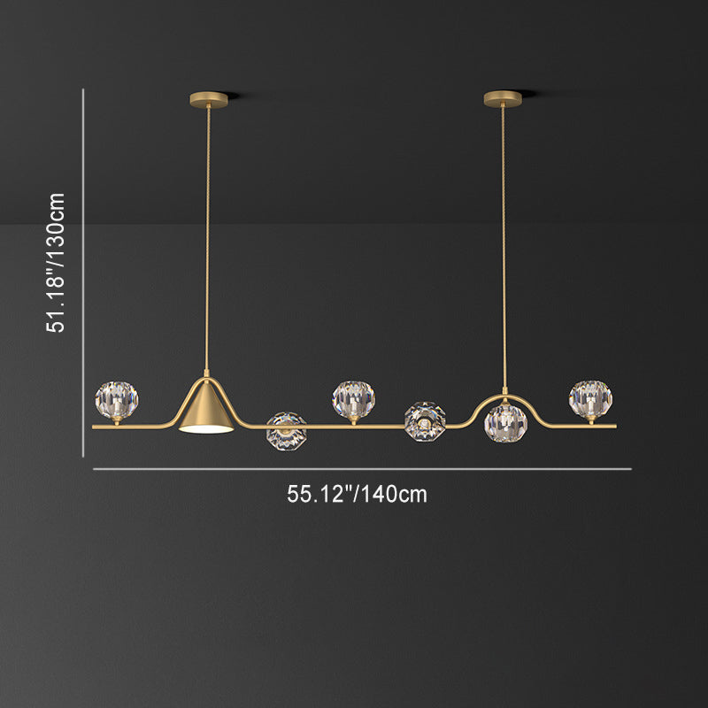 Contemporary Scandinavian Crystal Brass Conical Linear LED Chandelier Island Light For Dining Room