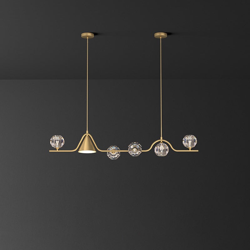 Contemporary Scandinavian Crystal Brass Conical Linear LED Chandelier Island Light For Dining Room