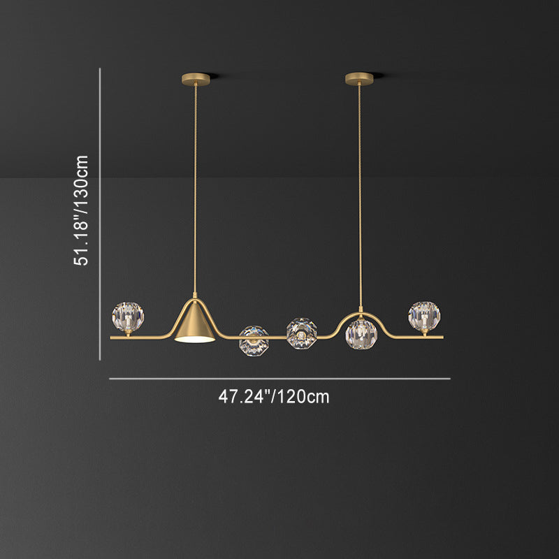 Contemporary Scandinavian Crystal Brass Conical Linear LED Chandelier Island Light For Dining Room