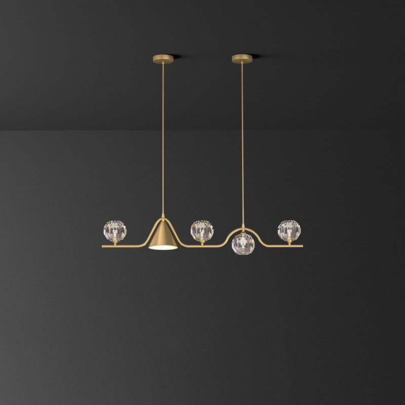 Contemporary Scandinavian Crystal Brass Conical Linear LED Chandelier Island Light For Dining Room