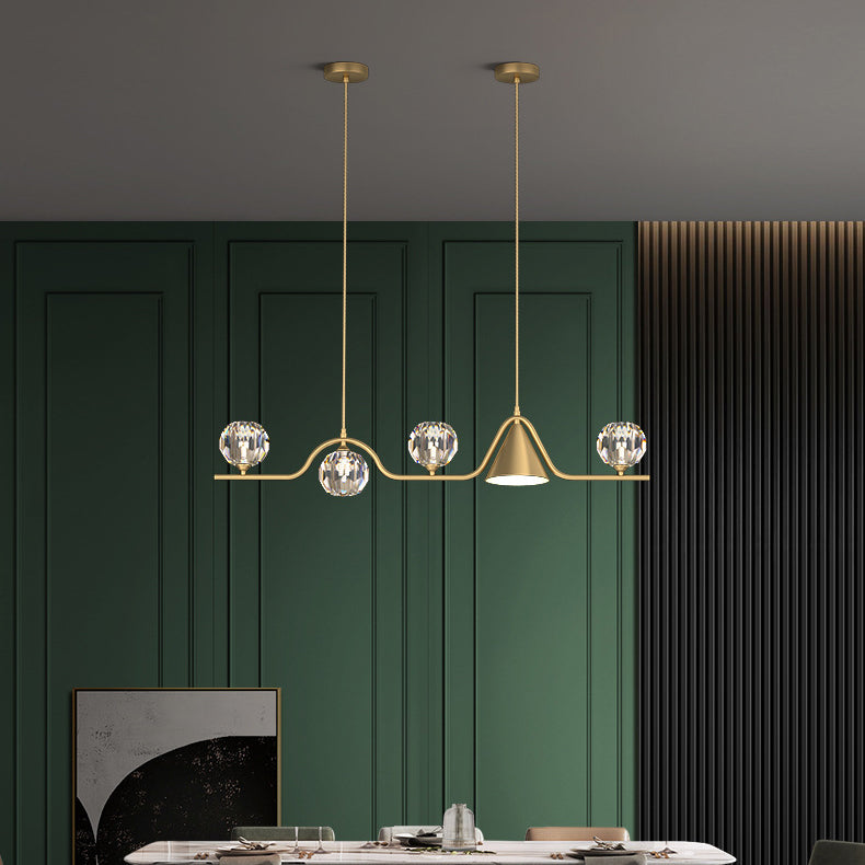 Contemporary Scandinavian Crystal Brass Conical Linear LED Chandelier Island Light For Dining Room